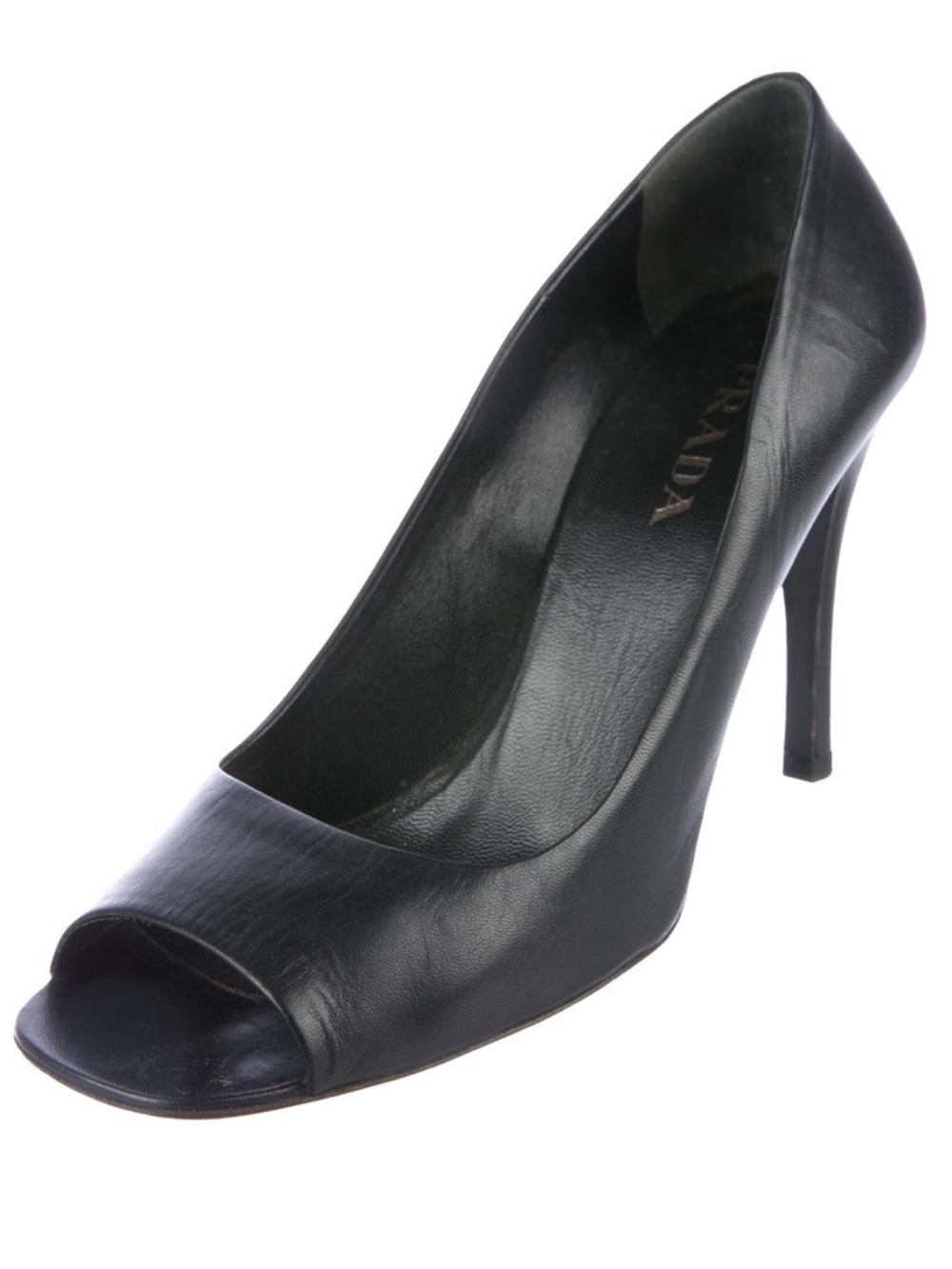 GREAT CONDTN Prada Black Leather Peep-Toe Heels (IT 38/8)